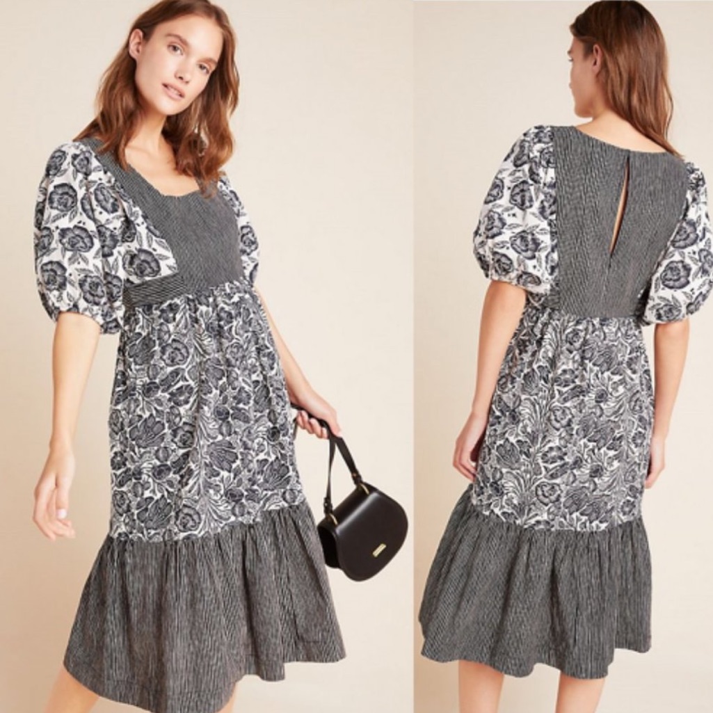 Anthropologie Bloomingprint Adrienne Flounced Midi Dress Puff Sleeve Us 2 $170